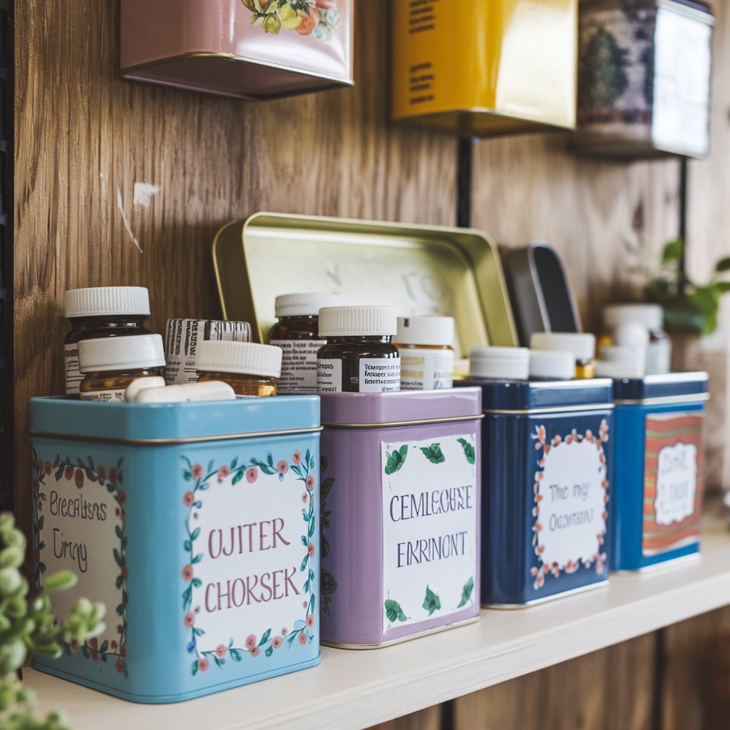 Repurposed Tea Tin Storage