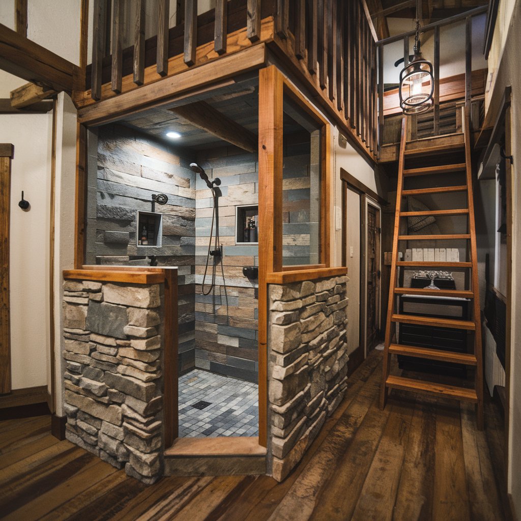 Open Concept Walk-In Shower with Wooden Slats