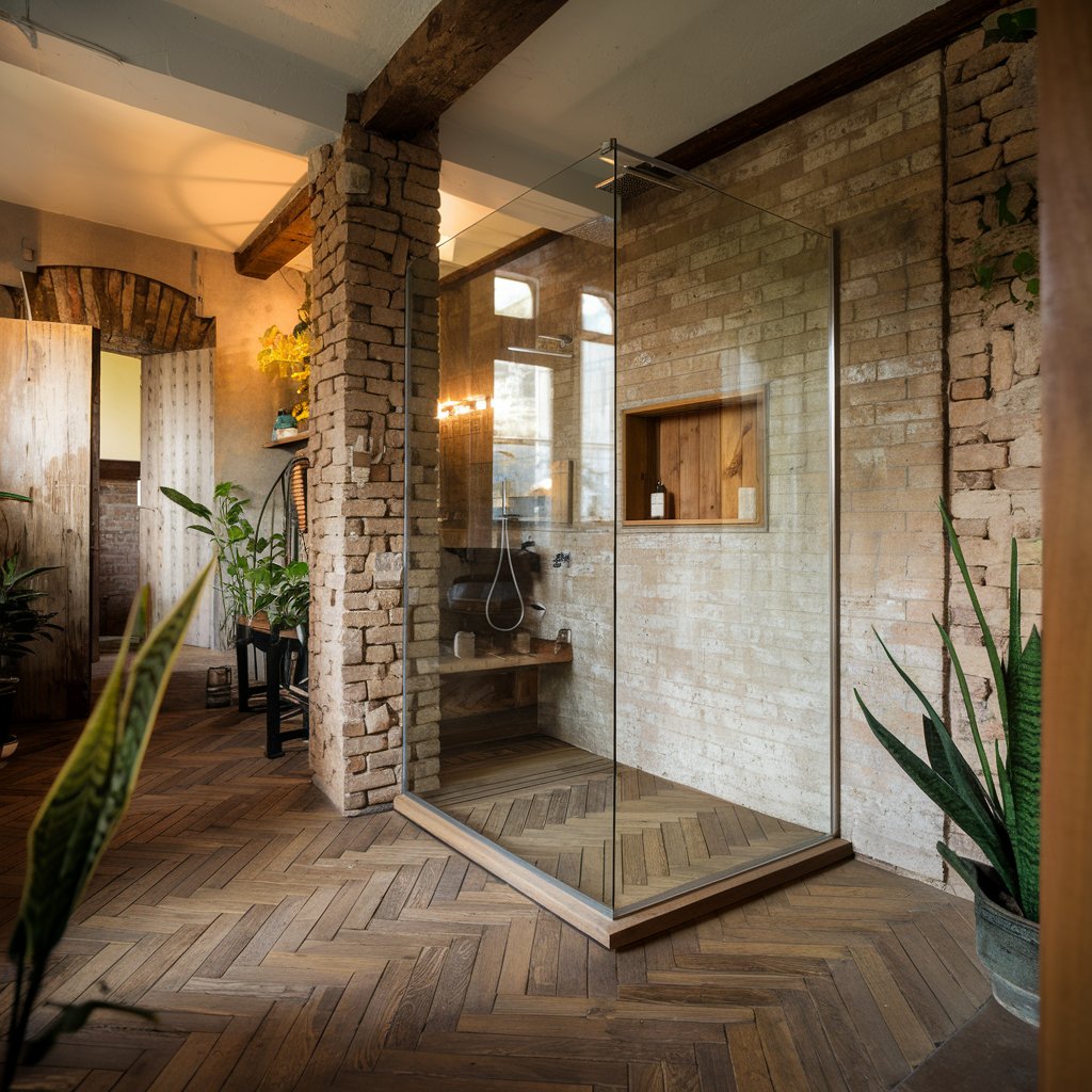 Herringbone Wood Flooring with Glass Shower Enclosure