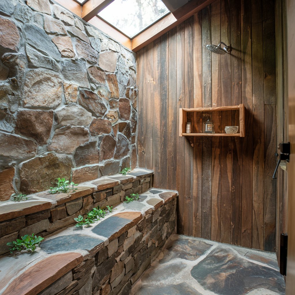 Stone and Cedarwood Shower Walls