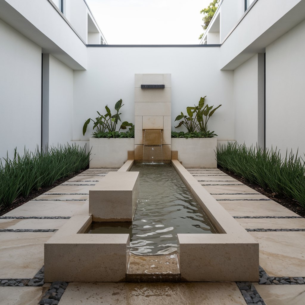 Contemporary Courtyard with Water Features